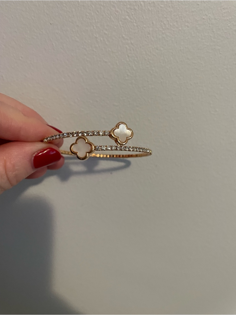 Gold Clover Double-Row Crystal Bangle with Mother of Pearl Accents
